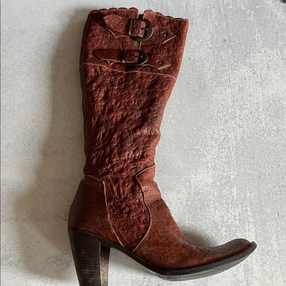 Tentazione Brown Leather Knee-High Boots buckles sz 8 wooden heel Spider